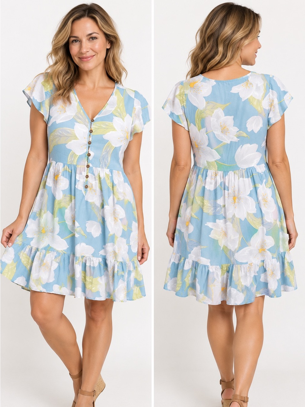 Papillon Blue Floral Tiered Mini Dress Size S 100% Viscose
A1-1